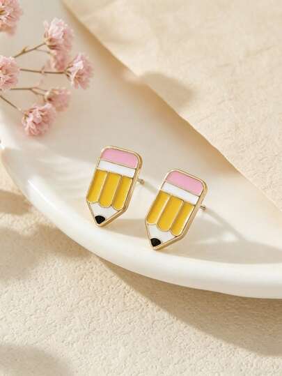 Fashion Casual College Style Alloy Colorful Enamel Pencil Shaped Earrings, Minimalist Daily Earrings, Holiday Birthday Gift, Shopping Street Style Accessory
