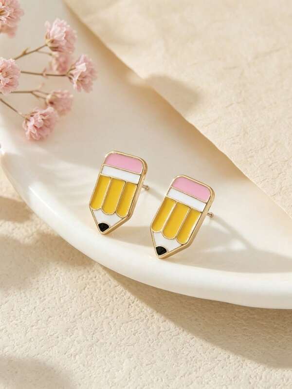 Fashion Casual College Style Alloy Colorful Enamel Pencil Shaped Earrings, Minimalist Daily Earrings, Holiday Birthday Gift, Shopping Street Style Accessory