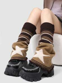 STAR RIVER 1 Pair American Vintage Coffee Brown Leg Warmers, Y2K Striped Star Double-Sided Wide Leg Knit Leg Warmers - Multicolor - View 2