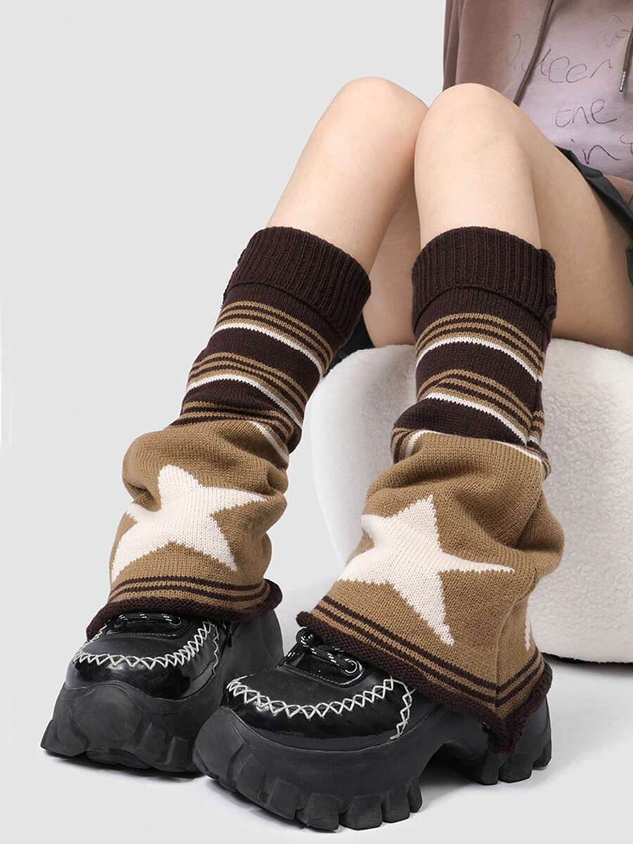 STAR RIVER 1 Pair American Vintage Coffee Brown Leg Warmers, Y2K Striped Star Double-Sided Wide Leg Knit Leg Warmers