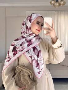 1PC Women's Floral Printed Hijab Scarf, Double-Sided Printed Headscarf, Muslim Fashion Daily Wear Turban, Soft Comfortable Breathable Beach Long Shawl - Purple Flowers On White Background - View 2
