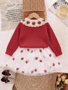 Girls' Fashionable Lapel Knit Cardigan And Strawberry Embroidered Mesh Skirt - Red - View 2