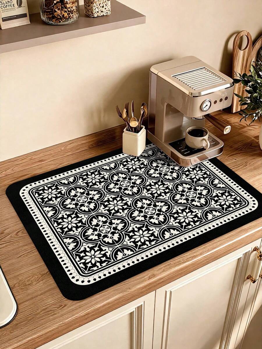 Kitchen Dish Drying Mat, Table Mat, Absorbent Countertop Mat, Dish Drying Mat, 3.6mm Thickness - Black Four-leaf Clover - View 1