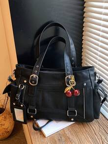 Fashionable Large Capacity Multi Pocket Solid Color Shoulder Bag, Simple Retro Punk Style Daily Underarm Bag, Suitable For Commuting, Daily Outings - Black - View 7