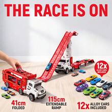 TEMI Truk Mainan Anak 2-in-1 dengan Dua Jalur, Cocok untuk Anak Usia 3 Tahun ke Atas, Termasuk 12 Mobil Kecil, Tinggi Dapat Diatur dan Dua Jalur Dapat Diperpanjang, Hadiah Ulang Tahun dan Natal yang Ideal - Merah - View 4