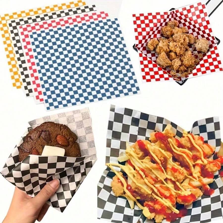 100pcs Checkerboard Pattern Food Greaseproof Paper, Waterproof & Oil-Resistant Non-Seeping, Suitable For Burgers, Fried Chicken And Other Food Wrapping, Home Kitchen, Street Vendor Commercial Use, Practical Baking Mat Supplies For Parties, Holidays And Outdoor Use - Multicolor - View 1