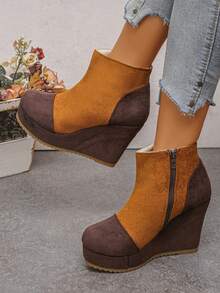 1 Pair Women's Autumn/Winter New Colorblock Patchwork Wedge Ankle Boots, Thick Waterproof Platform Side Zipper Retro Slimming Height-Increasing Bare Boots - Yellow - View 1