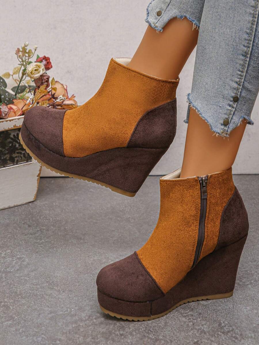 1 Pair Women's Autumn/Winter New Colorblock Patchwork Wedge Ankle Boots, Thick Waterproof Platform Side Zipper Retro Slimming Height-Increasing Bare Boots - Yellow - View 1
