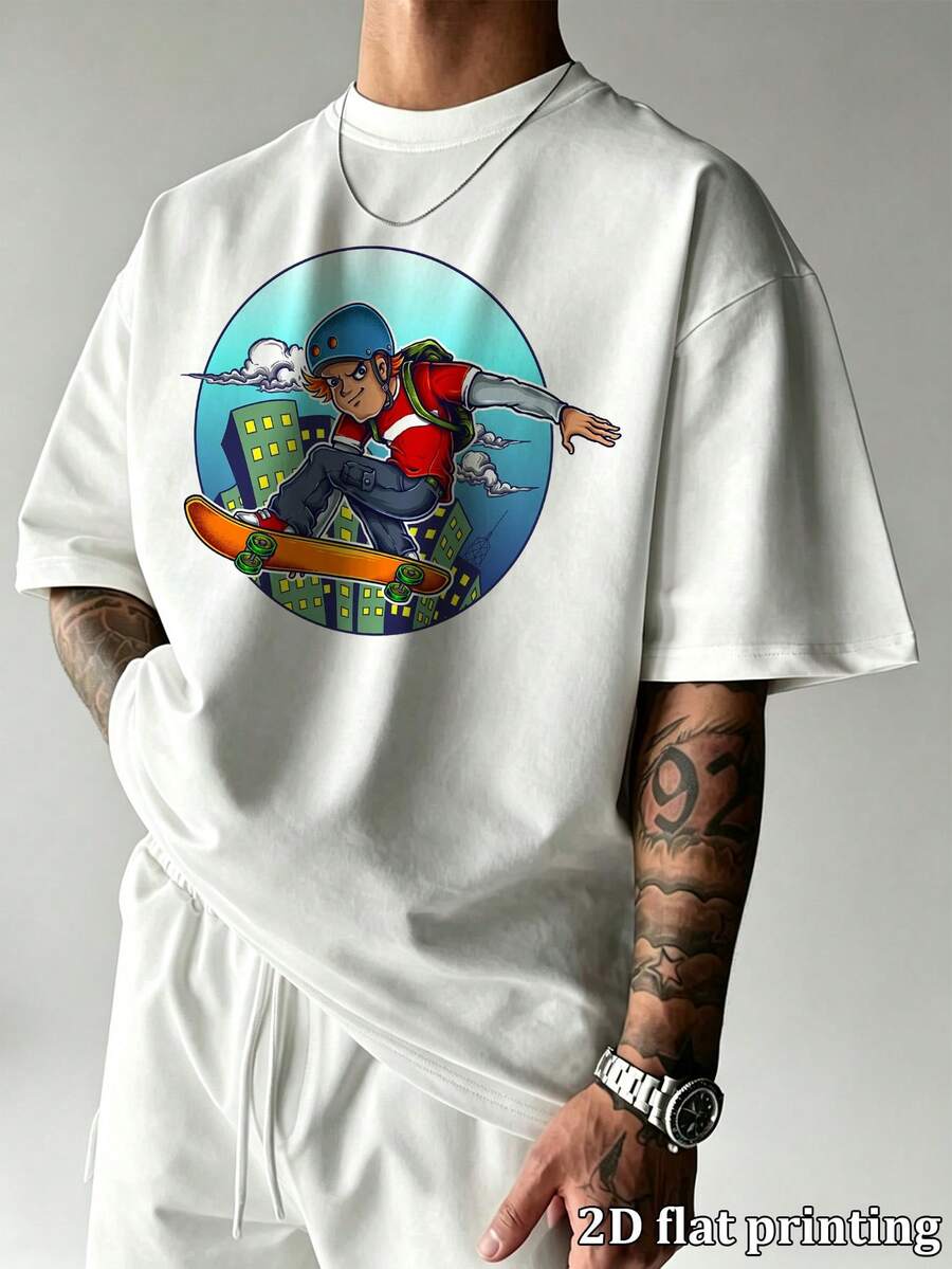 Herren Cartoon Skateboarder Muster Oversized Kurzarm Rundhals T-Shirt, Sommer Lässig Loose Fit Streetwear Grafik Baumwolle Tee für den täglichen Gebrauch und - Weiss - Übersicht 1