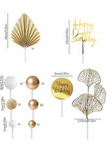 26pcs Bohemian Style Gold Cake Decoration Set, Gold & White Foam Balls, Happy Birthday Cake Topper, Gold Folding Fan, Ginkgo Leaf Cake Decor, Suitable For Baptism, Wedding, Retirement Party, Birthday Cake Decoration, Luxury Style Cake Decor Supplies (Please Use With White Sticks.) - Multicolor - View 10