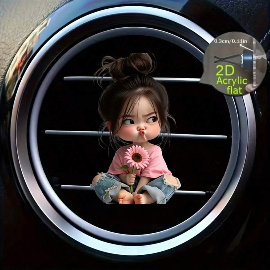 2D扁平壓克力噘嘴小女孩車用出風口夾,粉色頂部小孩抱著粉色向日葵車用出風口裝飾,0.3cm薄款無香車內飾配件 - 粉紅色向日葵 - 查看 1