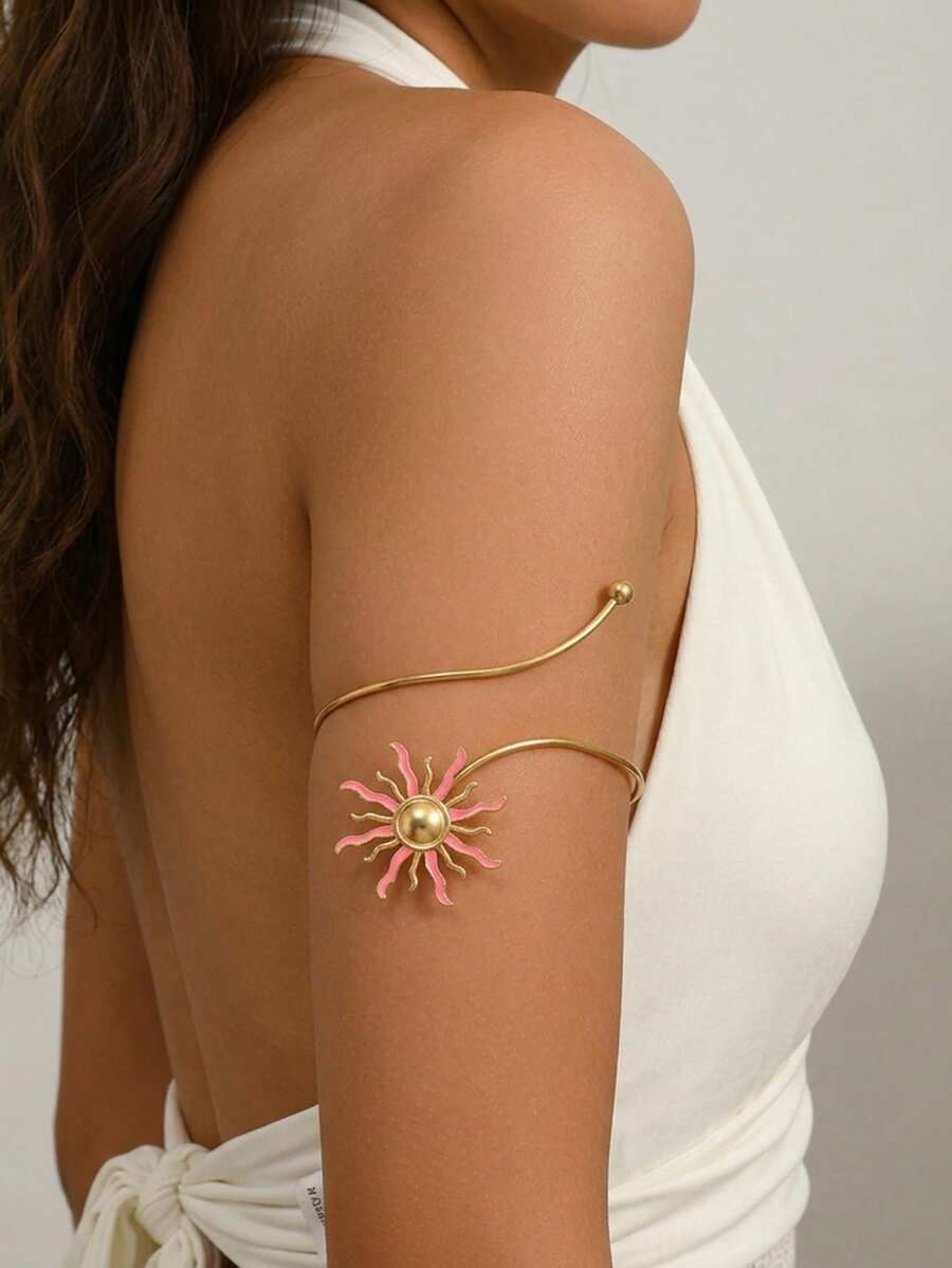 1pc Fashionable Personalized Pink Oil Drop Sunflower Open Adjustable Metal Arm Bracelet For Women, Suitable For Music Festivals, Dances And Parties - Gold - View 1