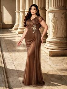 Plus Size Elegant Glitter Tulle Mermaid Evening Gown, V-Neck Short Sleeve Cinched Waist Dress, Open Back Draped Design Fall Wedding Party - Khaki - View 1