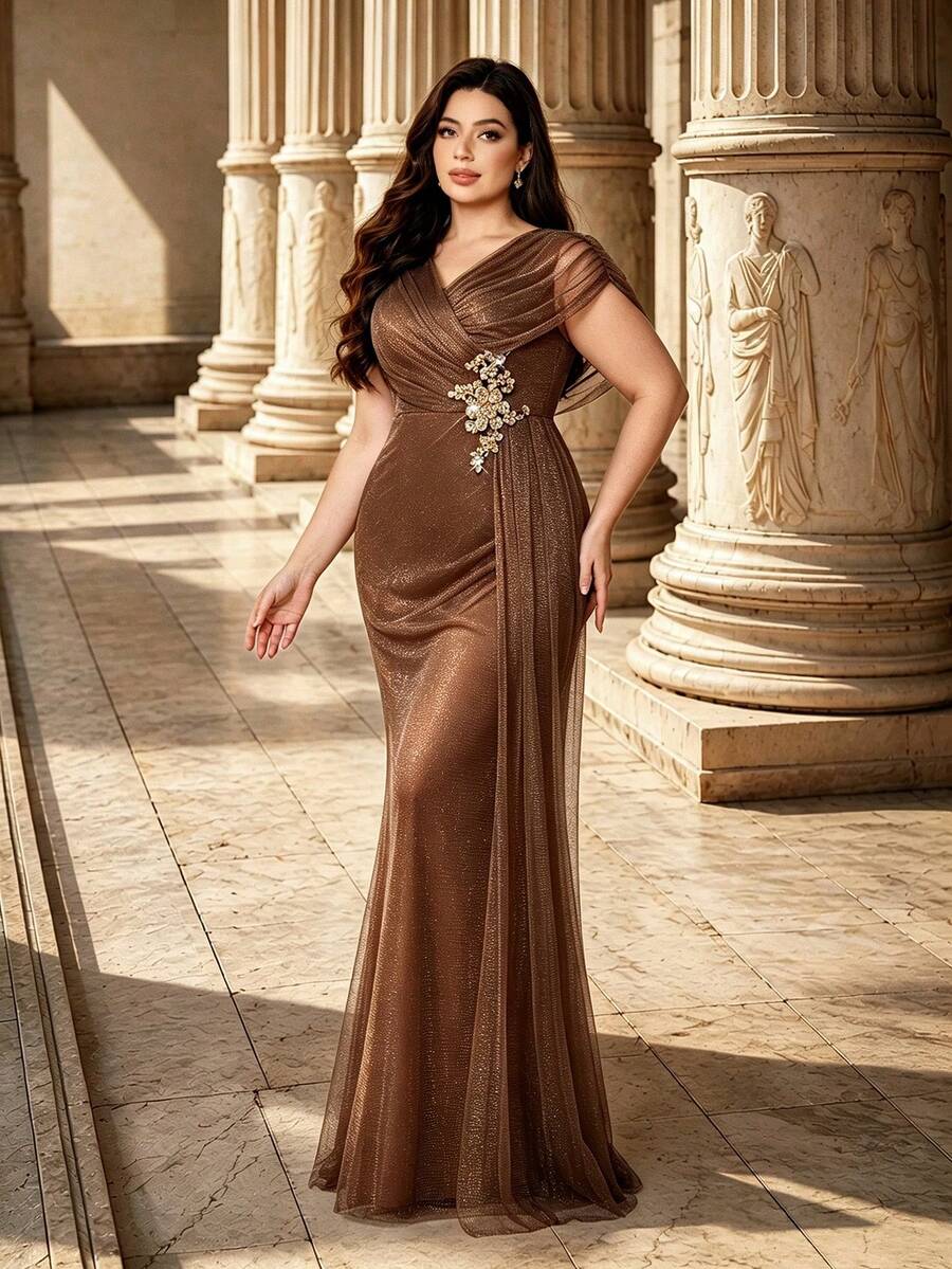 Plus Size Elegant Glitter Tulle Mermaid Evening Gown, V-Neck Short Sleeve Cinched Waist Dress, Open Back Draped Design Fall Wedding Party - Khaki - View 1