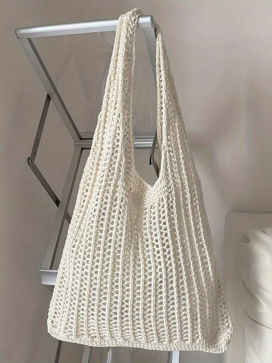 Bolso de hombro de gran capacidad, tejido a ganchillo, versátil y casual - Beis - Ver 1