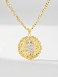 1pc 14K Gold Plated Copper Dual-Color Lace Cross Heart Star Round Pendant Necklace, Wavy Lace Hammered Silver Base Cross Gold Heart Five-Pointed Star Embossed Design With Cuban Chain, Suitable For Christmas/Thanksgiving/Halloween/Mother's Day/Valentine's Day Couples/Friends/Fellow Believers Gifts, Catholic First Communion, Gifts, Daily Holiday Wear And Prayer - Yellow Gold - View 11