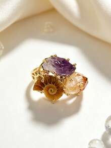 (Natural Stone And Conch Shape Color Random) 1pc Fashion Elegant Natural Stone Amethyst Citrine Conch Women's Gold Copper Material Ring (Suitable For Casual Gift Daily Wear) - Style 1 - View 15