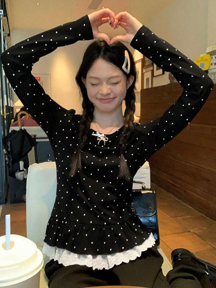 Kaos Lengan Panjang Motif Polkadot Hitam dengan Hiasan Pita, Atasan yang Melangsingkan - Hitam - View 1