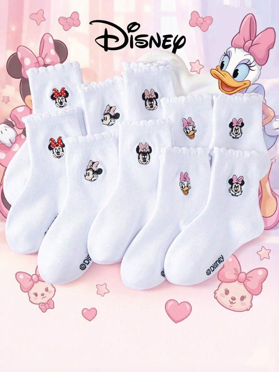 Disney 1/5/10雙裝迪士尼米奇米妮黛絲卡圖案刺繡中筒兒童襪套組,白色男孩女孩休閒襪,幼兒襪,透氣防滑舒適親膚,女童短襪,春季輕量時尚兒童襪,甜美公主荷葉邊襪,淺色直條紋針織面料,防滑透氣可愛中筒襪,適合上學與派對 - 彩色 - 查看 1
