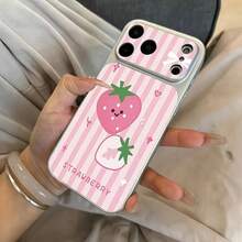 1pc Spray Painted Sheep Skin Texture Phone Case Compatible With Apple 11/12/13/14/15/16/17 Pro Max, A10S/A11/A12/A13/A14/A15/A16/A17/A04/A05/A06/A07/A54/A55/A56/A34/A35/A36/S20FE/S21/S21+/S21 Ultra/S22/S23/S24/S25/S25 Plus/S25 Ultra/S26/S26 Pro/S26 Ultra, A54, Honor, 12C/13C/14C/15C With Fashionable Strawberry Element Pattern - Silver White - View 3