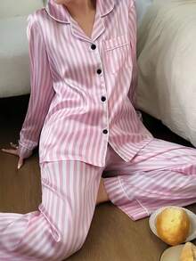 Dreamivo 2pcs/Set Women's Striped Long Sleeve Long Pants Pajama Set - Pink - View 4