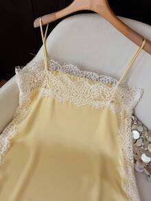 GMFP Yellow Summer/Autumn Eyelash Lace Trim Satin Short Camisole Top, Y2K Back To School Graduation Season Women's Outfit Piece, Halloween Christmas Inner Layer - Yellow - View 8