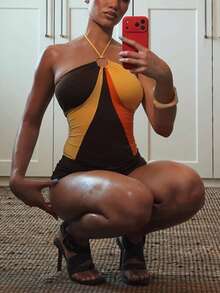Women's Sleeveless Halter Neck Short Jumpsuit, Polyester Material, Medium Stretch, Colorblock Design - Brown - View 2