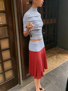 DOUCIU Chic Women's Three Pieces Set Featuring Stand Collar Light Blue Draped Top And Vibrant Red A-Line Skirt - Blue - View 2
