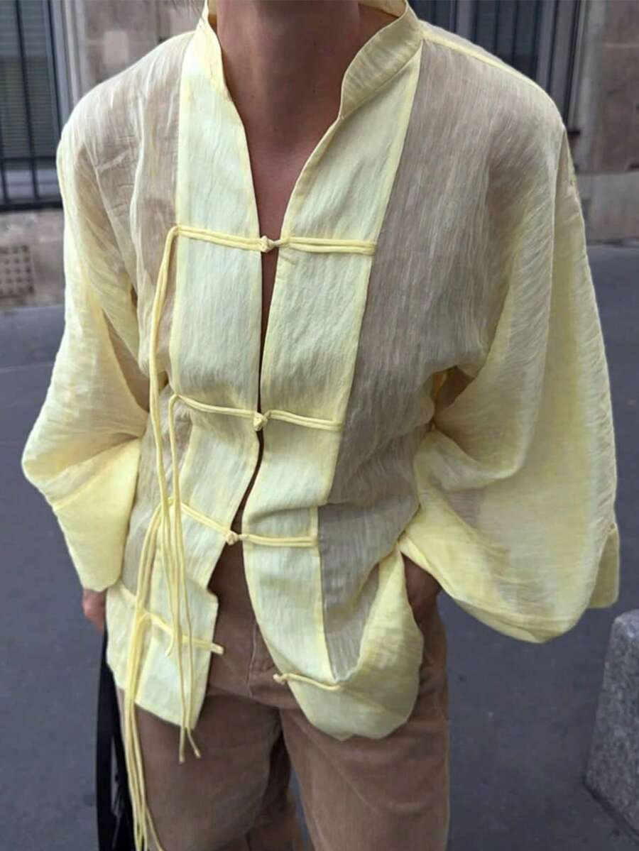 新款時尚優雅純色女款復古襯衫,居家穿著四季上衣 黃色 - 黃色 - 查看 1
