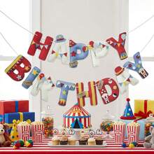 1 Set 2D Flat Felt Circus Red & Blue Theme Decorative Banner, Birthday Party Decoration Banner, Room Decoration, Bedroom And Living Room Universal Decoration Banner, Suitable For Birthday Party Decoration, Cartoon Style Fun Circus Birthday Banner - A - View 6