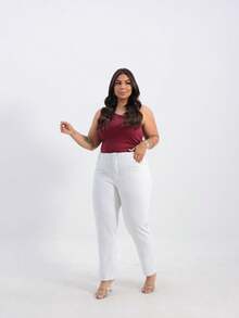 Basic Plus Size High-Waisted Mom Jeans Casual Simple Pocket Zipper Button - أبيض - مشاهدة 1