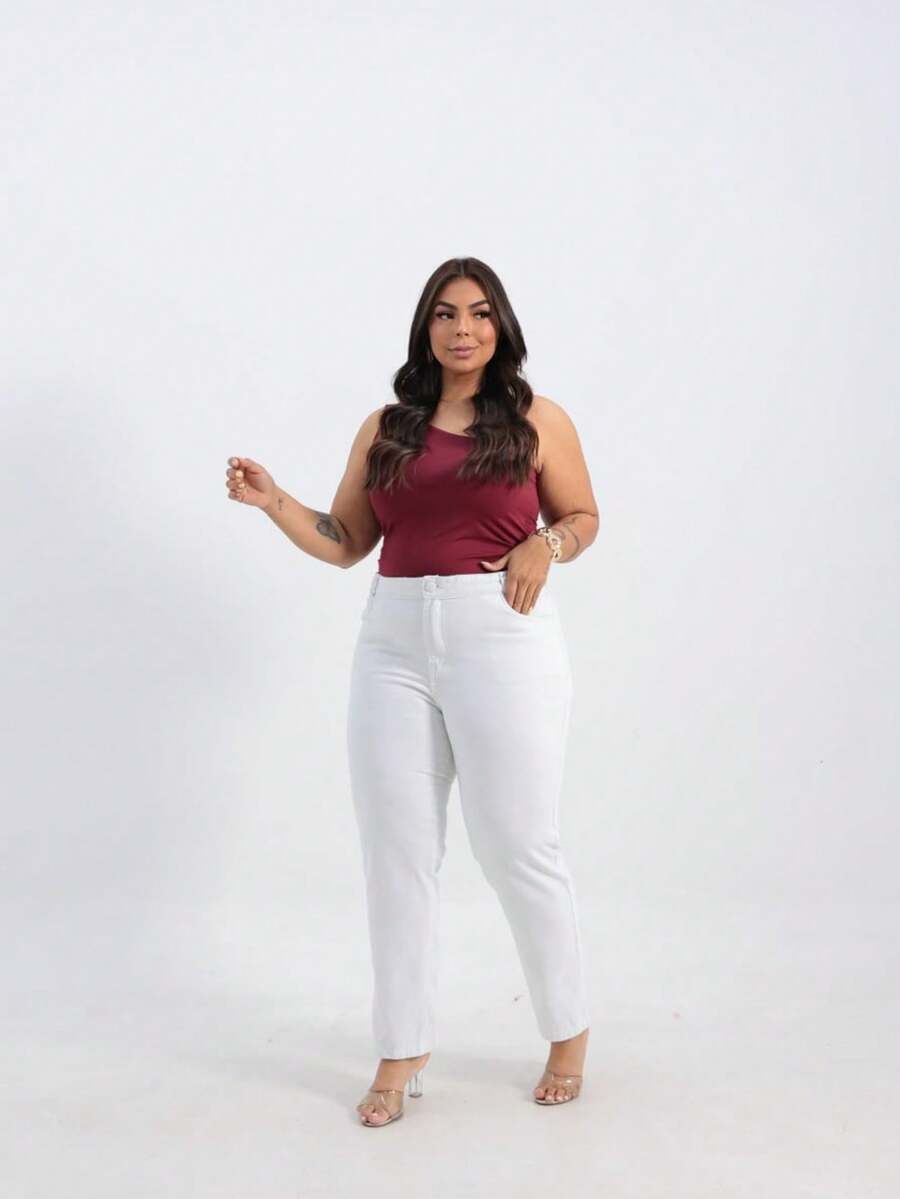 Basic Plus Size High-Waisted Mom Jeans Casual Simple Pocket Zipper Button - أبيض - مشاهدة 1