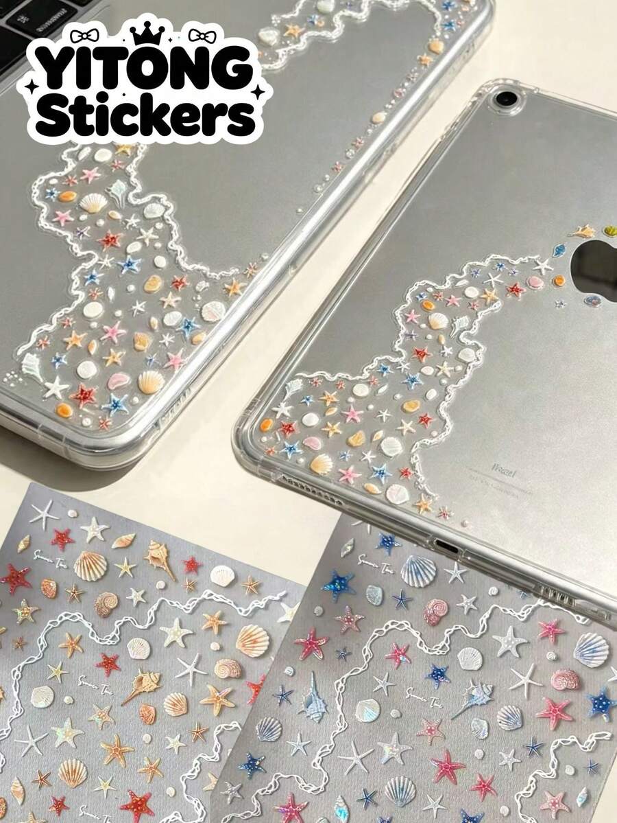 3pcs Sea Salt Colorful Beach Style Starfish Shell Chain Decorative Stickers, Mini Conch Shell Pearl Waterproof Self-Adhesive Decals For Tablet, Phone Case, Laptop, Digital Product Appearance Decoration - Starfish Shell Pearl - View 1