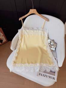 GMFP Yellow Summer/Autumn Eyelash Lace Trim Satin Short Camisole Top, Y2K Back To School Graduation Season Women's Outfit Piece, Halloween Christmas Inner Layer - Yellow - View 6