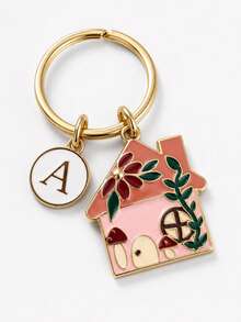 Ocean Blue Mushroom House Enamel Keychain With Floral Element Letter Charm, Couple Best Friend Exclusive Bag Pendant - Multicolor 4 - View 6
