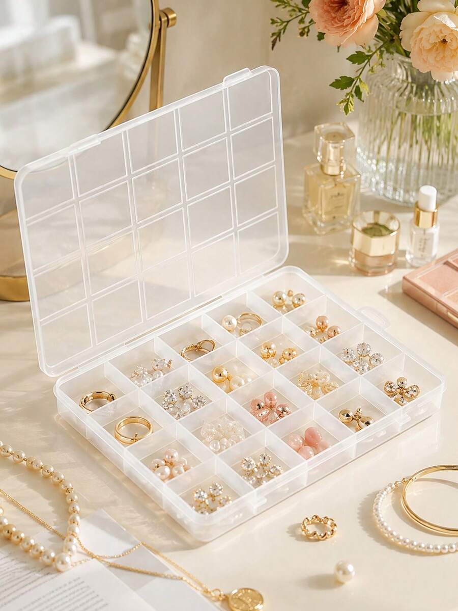 1pc 20-Compartment Multi-Purpose Transparent Storage Box, Mini Clear Bead Jewelry Box, Stackable Desktop Display Box With Hinged Lid, Rectangular Clear Craft Supplies Box, For Organizing Collectibles, Small Items Or Loose Objects, Desktop Organizer, Ring Box, Necklace Box, Medicine And Personal Care Storage, Detachable, Dust-Proof - Multicolor - View 1