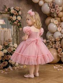 Baby Girls Tulle Bow Cute Birthday Dress, Suitable For Flower Girl Princess Gown, Comes With Headband - 藕粉色 - 查看 4