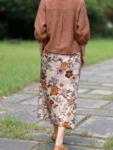 Pastoral Mori Style Vintage Floral Print Midi A-Line Skirt With Ruffle Hem, Slimming Literary Design - Multicolor - View 2