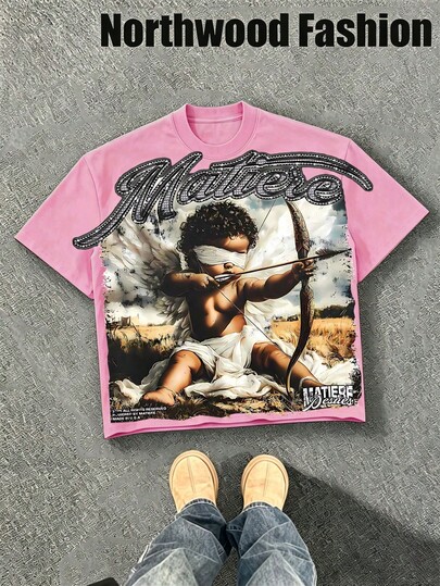 Graphic Tees Unisex, Blindfolded Angel Bow Print, Crew Neck T-Shirt, Y2K Streetwear, Casual Travel Wear, Free Shipping Men,Shirts,Graphic Tees deal from Shein