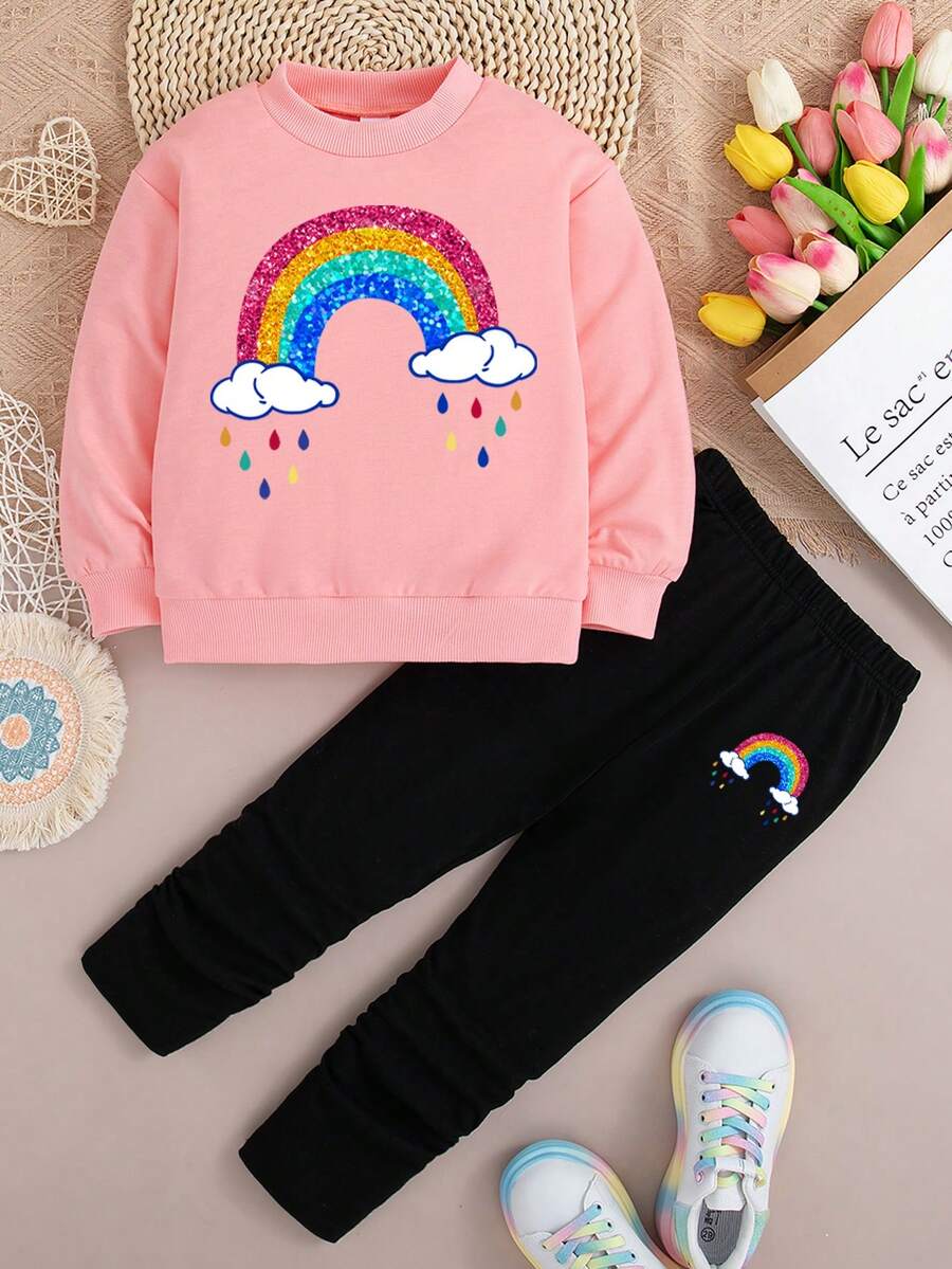 Tween Girl Rainbow Print Crew Neck Sweatshirt And Leggings Casual Set - Pink - View 1