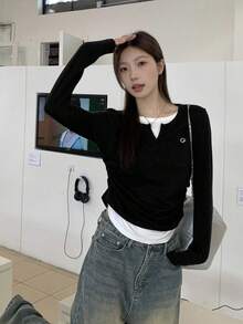 Women's Autumn/Winter Design Contrast Color 2 In 1 Long Sleeve T-Shirt - Black - View 5