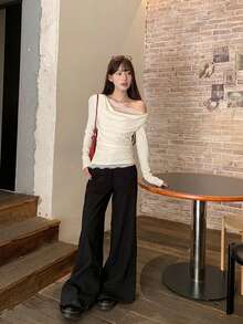 Women's Cowl Neck Lace Patchwork Casual Versatile Daily Wear T-Shirt - Apricot - View 6