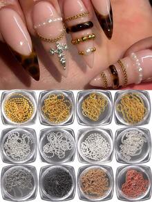 12pcs/Set Gold And Silver Chain Nail Charmss – 3D Steel Bead Chain Pendant Design; Retro Y2K Style Nail Decorations For DIY Accessories And Salon Use - 彩色 - 查看 13