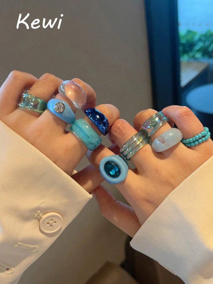 11pcs/Set Fashion Personalized Beaded & Rhinestone Stacking Rings, Blue Tone Jewelry Set Gift For Women, Students, Girls, Suitable For Daily Wear, Party, Travel - 11 Sets KRMS11-12 - View 1
