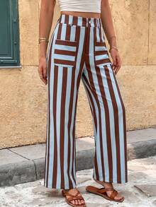 Celana Panjang Wanita Garis-garis Biru dan Merah, Potongan Lebar, Pinggang Tinggi dengan Saku, Celana Kasual - Baby Blue - View 2