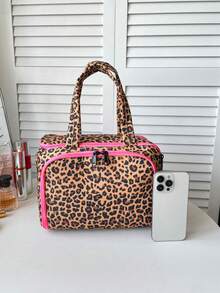 Leopard Print Large Capacity Makeup Bag, Multi-Compartment Brush Storage Pockets Portable Travel Cosmetic Organizer Handbag - Brown - View 5