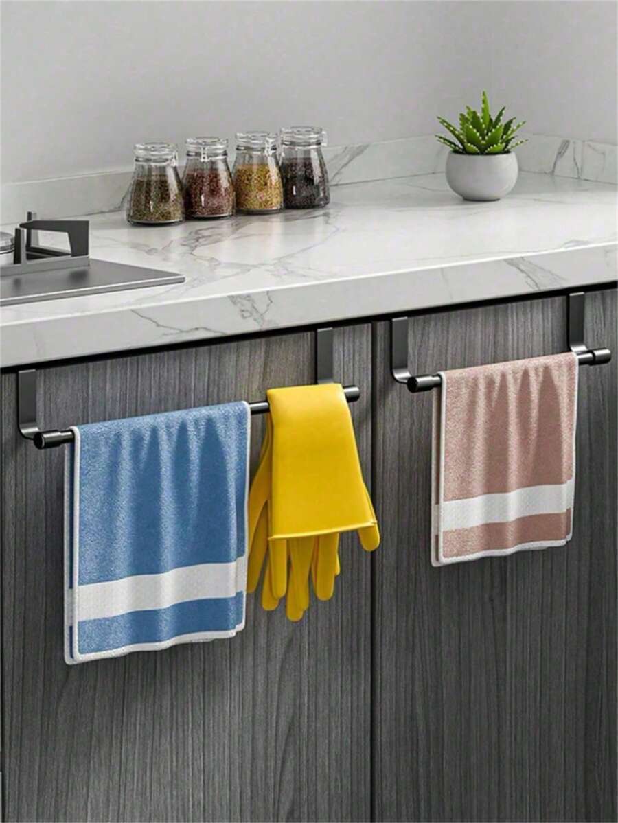 Black Pp Piatic Single Rod Towel Rack, Cabinet Door Back Type Hanging Rack, Cabinet Door Dishcloth Storage Rack, Non-Punch Towel Rod, Bathroom Towel Storage Rack, Space Saving Towel Bar For Kitchen & Bathroom, Kitchen Gadgets, Kitchen Accessories - Multicolor - View 1