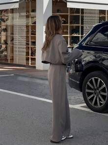 Women's Short Blazer & Wide Leg Pants 2 Pieces Set, Loose Fit Hidden Button Notch Lapel Office Casual Outfit - Grey - View 2
