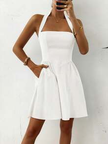 Women Fall White Halter Mini Dress,Square Neck Backless Flared Skirt For Back To School Vacation Birthday Going Out - White - View 6