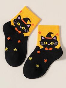 5 Pairs Kids Halloween Themed Mid-Calf Socks, Pumpkin, Ghost And Black Cat Color Block Pattern, Boys Girls Holiday Party Socks - Multicolor - View 5